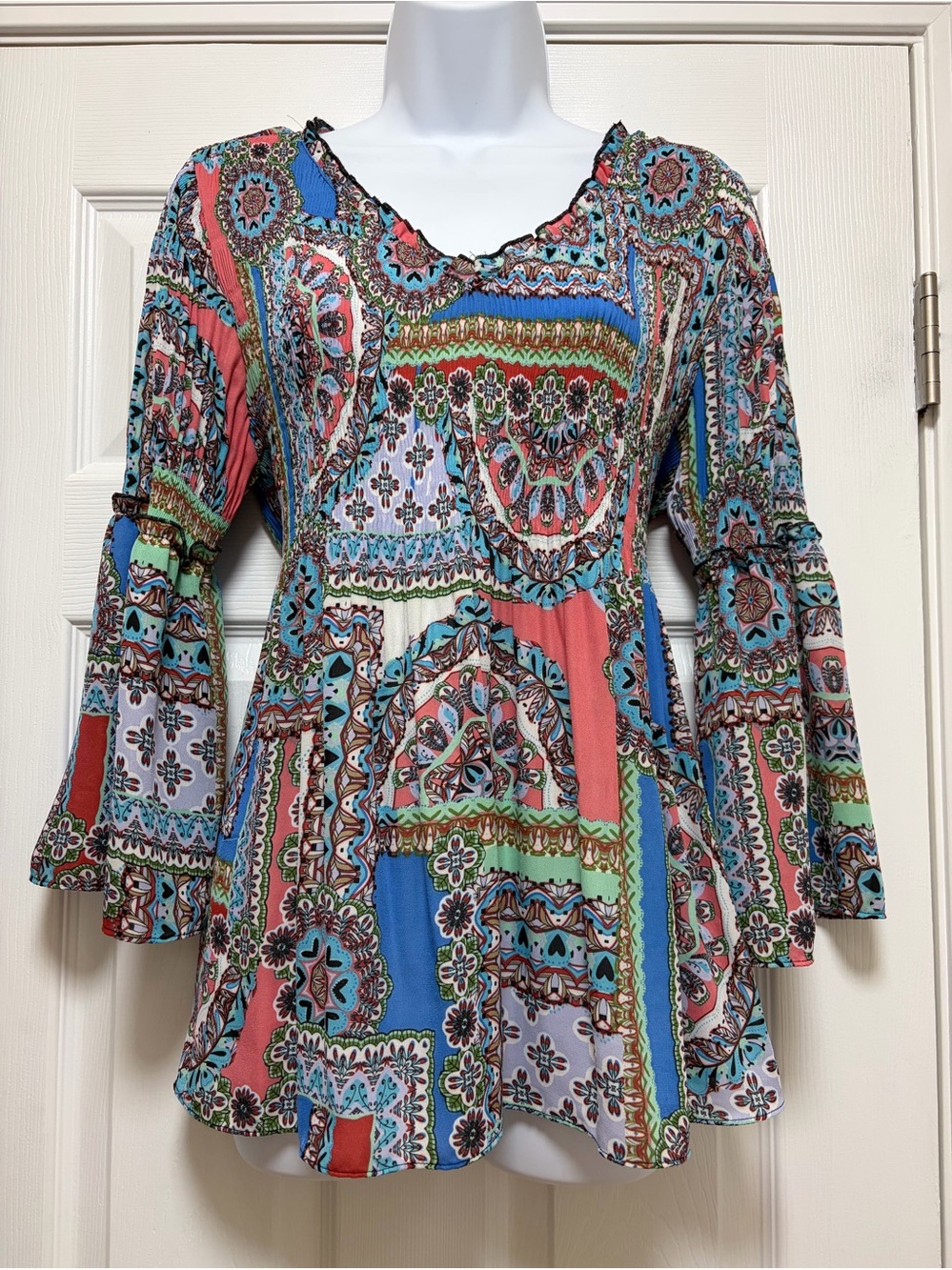 Boho Patchwork Print Peasant Tunic - Coral, Blue & Green